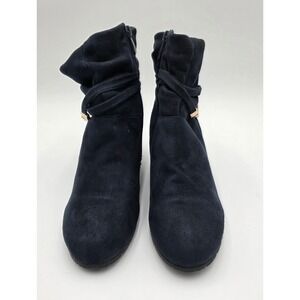 Coline Navy Blue Faux Suede Slouchy Wedge Ankle Boots Gold Hardware Size 9